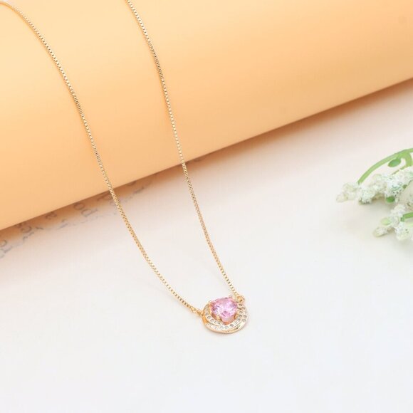 Elegant Rose Gold Necklace with Pink Stone & Adjustable Chain, XPNL0347 - Picture 2 of 13